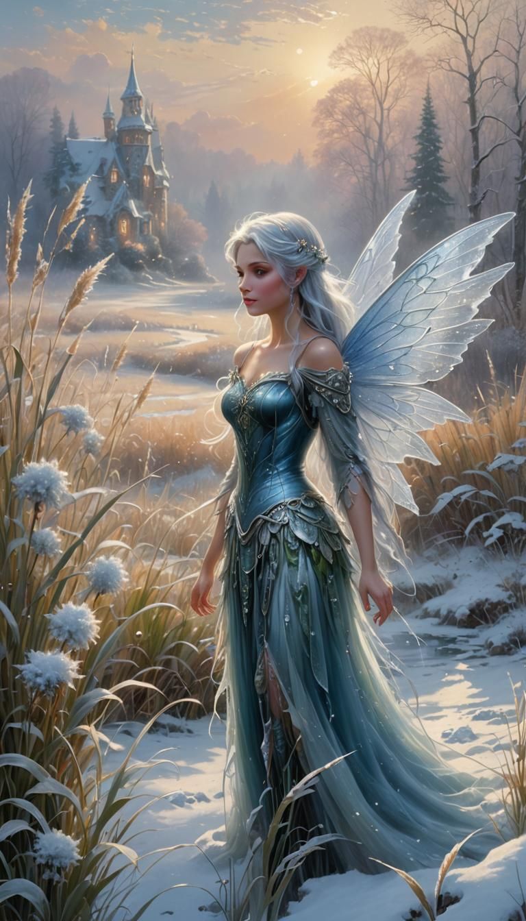 Icy Fairy in Snowy Field: Ethereal Fantasy Art