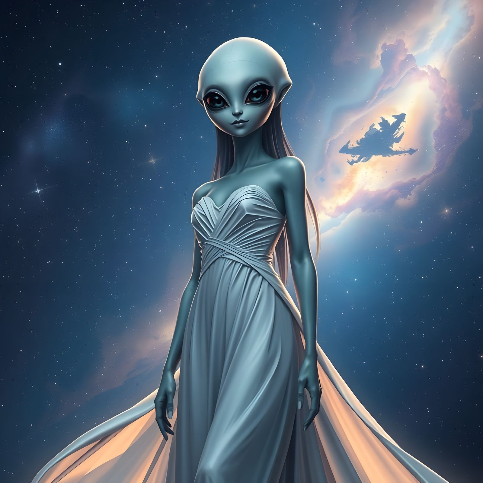 Smiling Arcturian Woman in Starry Night Sky