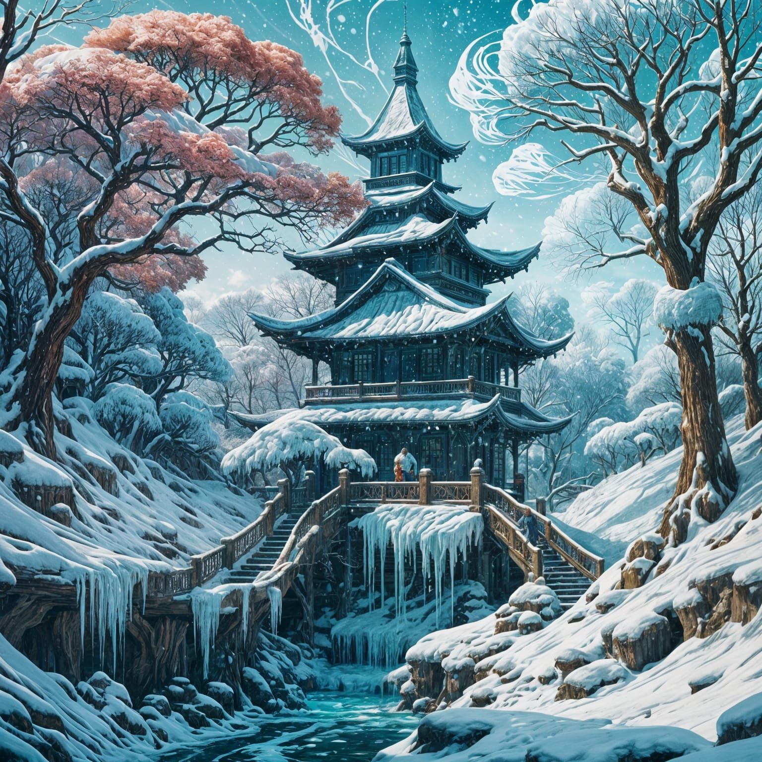 Ethereal Ice Temple: Hyperdetailed Gouache Illustration