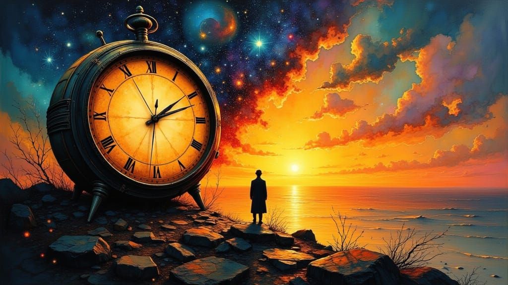 Surreal Clock Dissolving into Sunset, Figure of Resilience