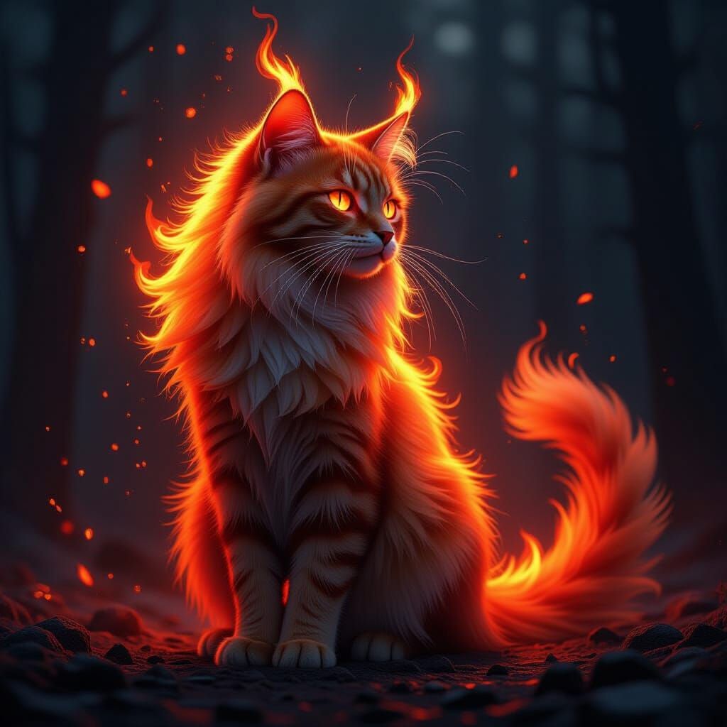 Majestic Fire Cat in a Dramatic Fantasy Style