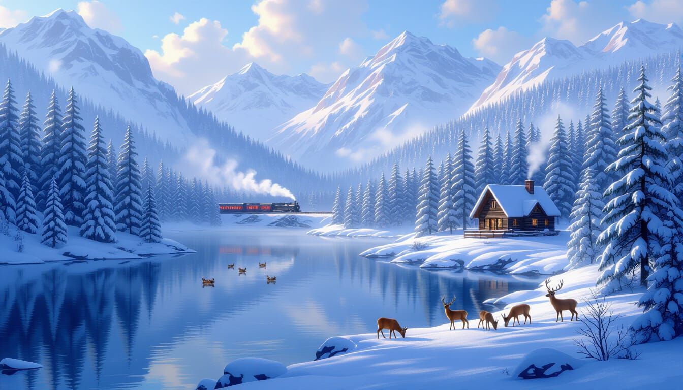 Dreamy Winter Mountain Scene with Cabin and Deer