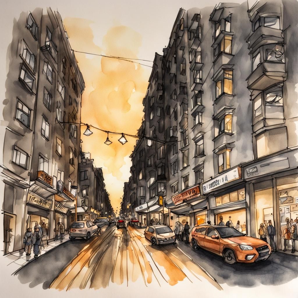 City Street Ink Drawing with Reflecting Lights