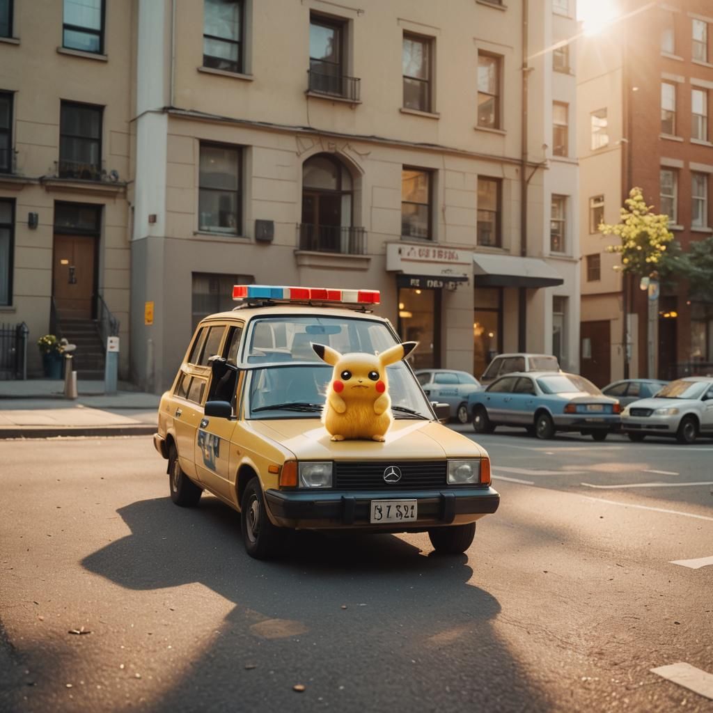 Pikachu on Police Car with Birthday Cake