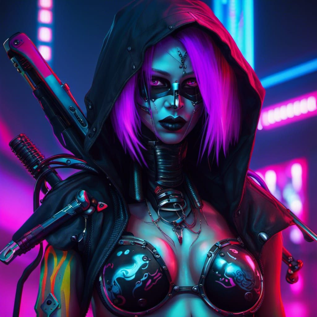 Cyber Goth Grim Reaper in Neon Cyberpunk Style