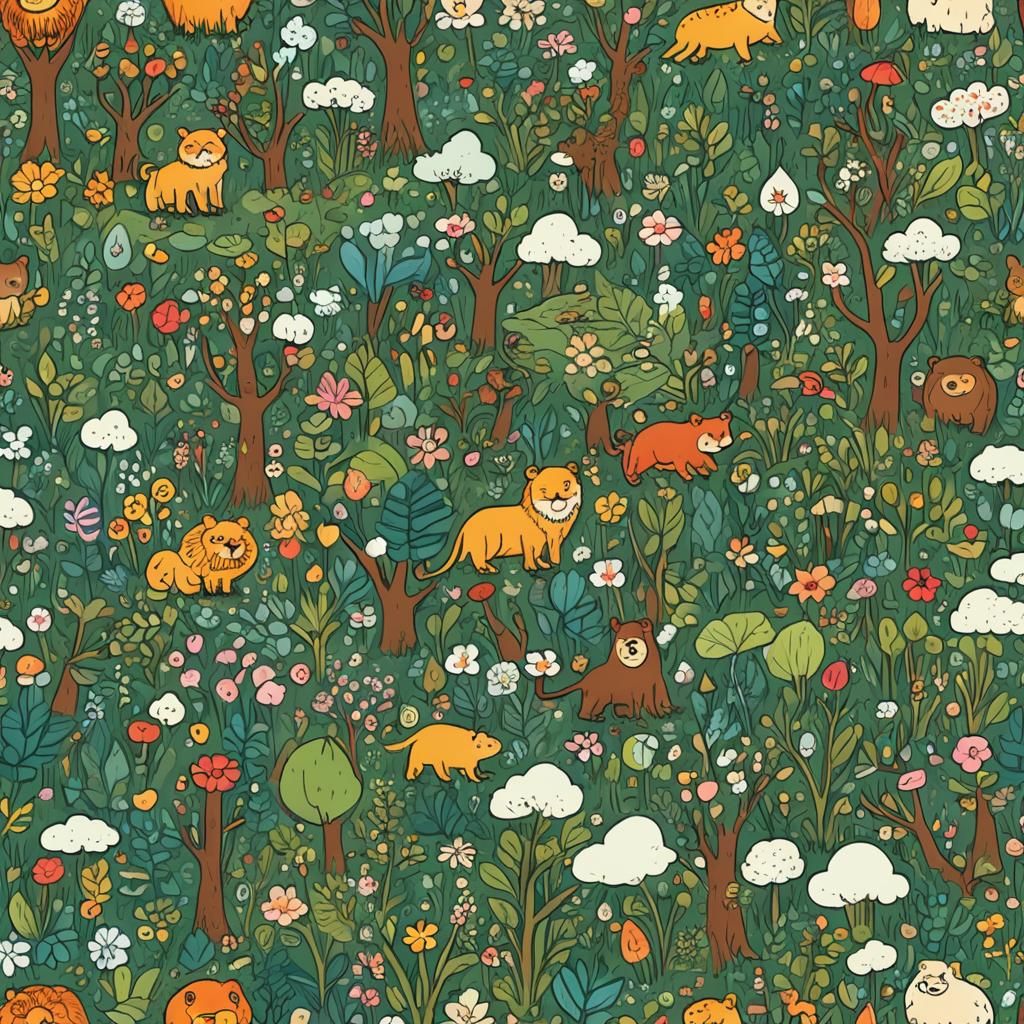 Enchanted Forest Scene with Wildlife and Fisherman