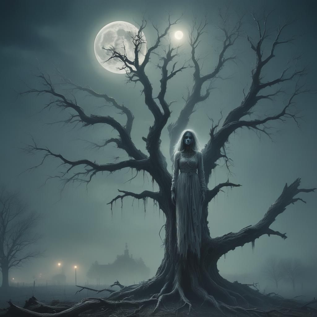 Ethereal Ghost Haunts Moonlit Tree