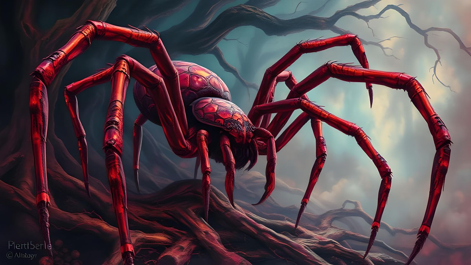 Horrific Red Spider with Fractal Iridescent Skin