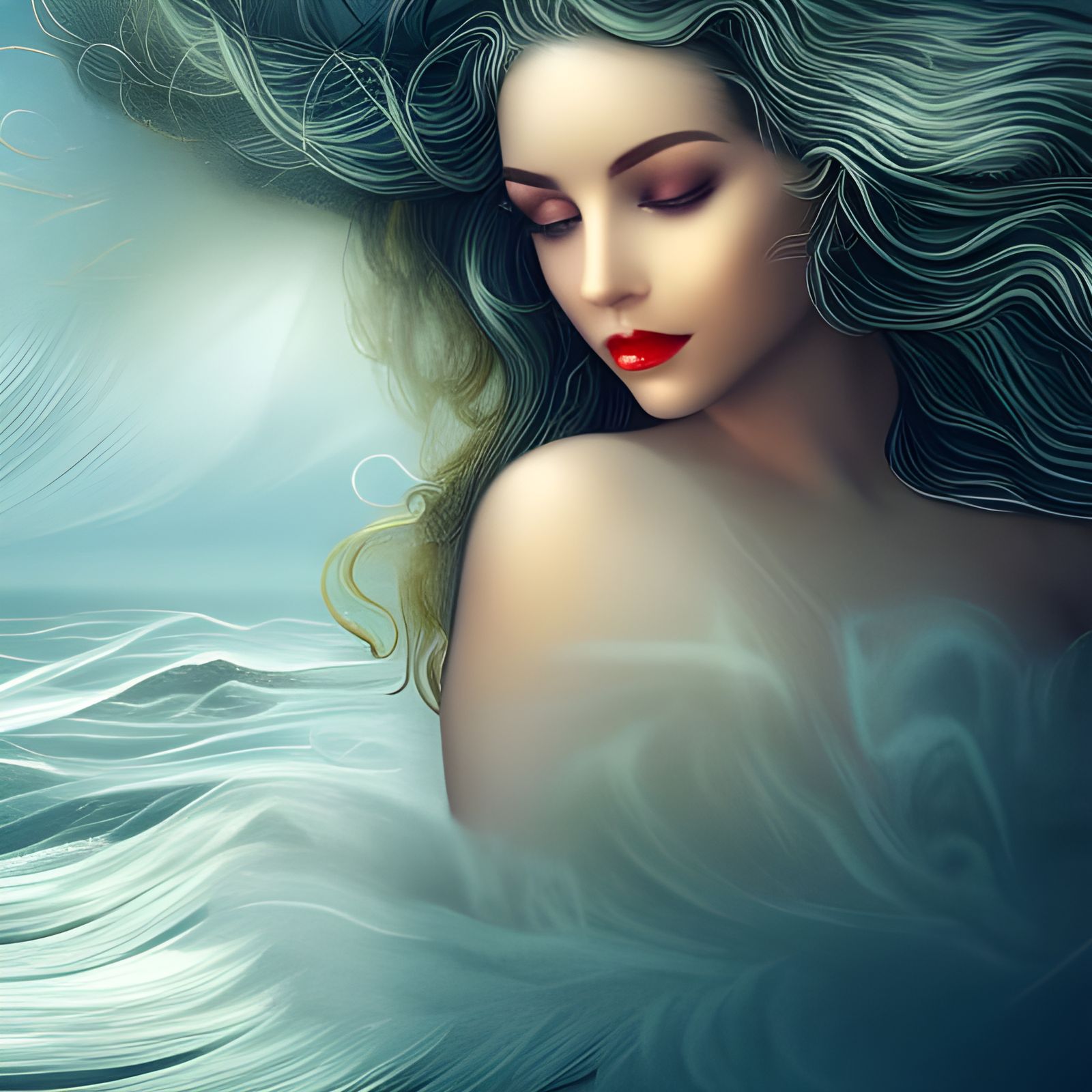Beautiful Woman with Golden Aura in Stormy Sea