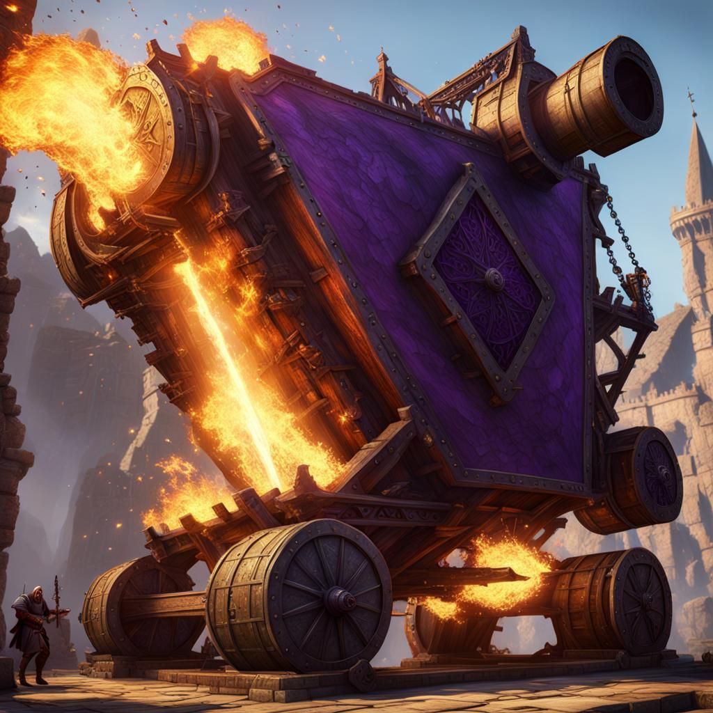 Medieval Catapult Launching Flaming Boulder: Dark Fantasy Ar...