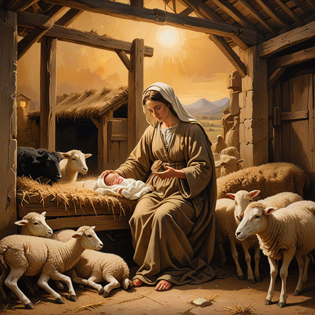 Mary's Devotion to Baby Jesus in a Cozy Stable Scene