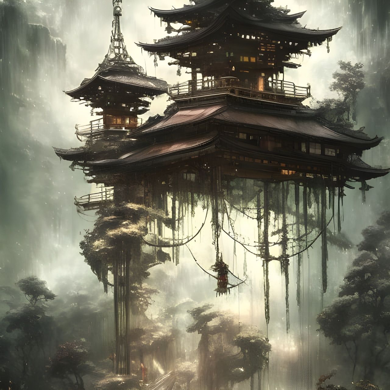 Rainy Japanese Temple: Anime Key Visual Art