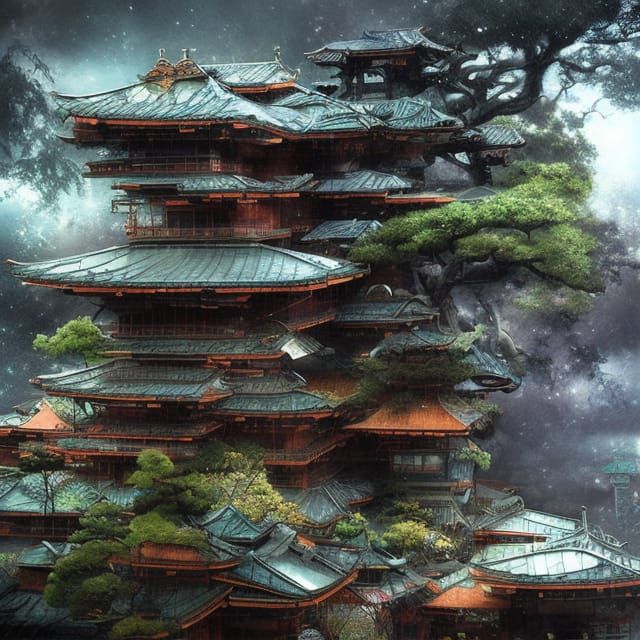 Japanese Temple in Rain, Anime Key Visual Style