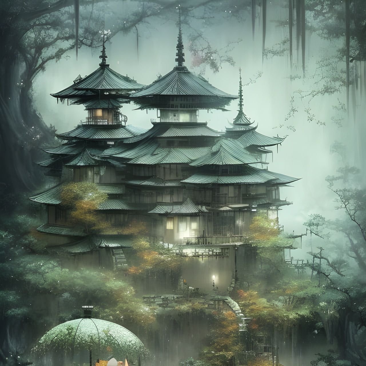 Rainy Japanese Temple, Anime Key Visual Art