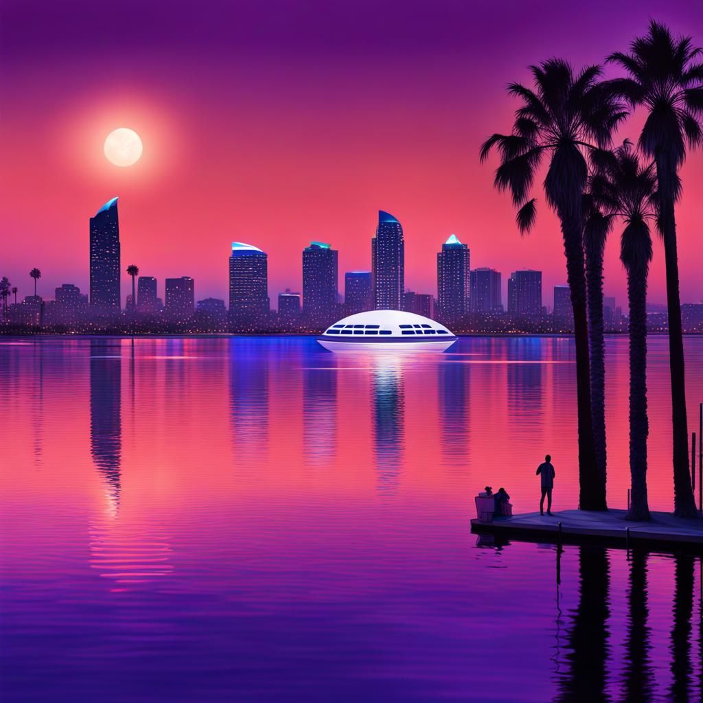 UFO Over San Diego Bay at Sunset, Holographic Illustration