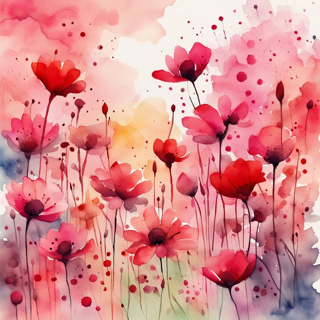 Watercolor Field of Pink and Red Flowers