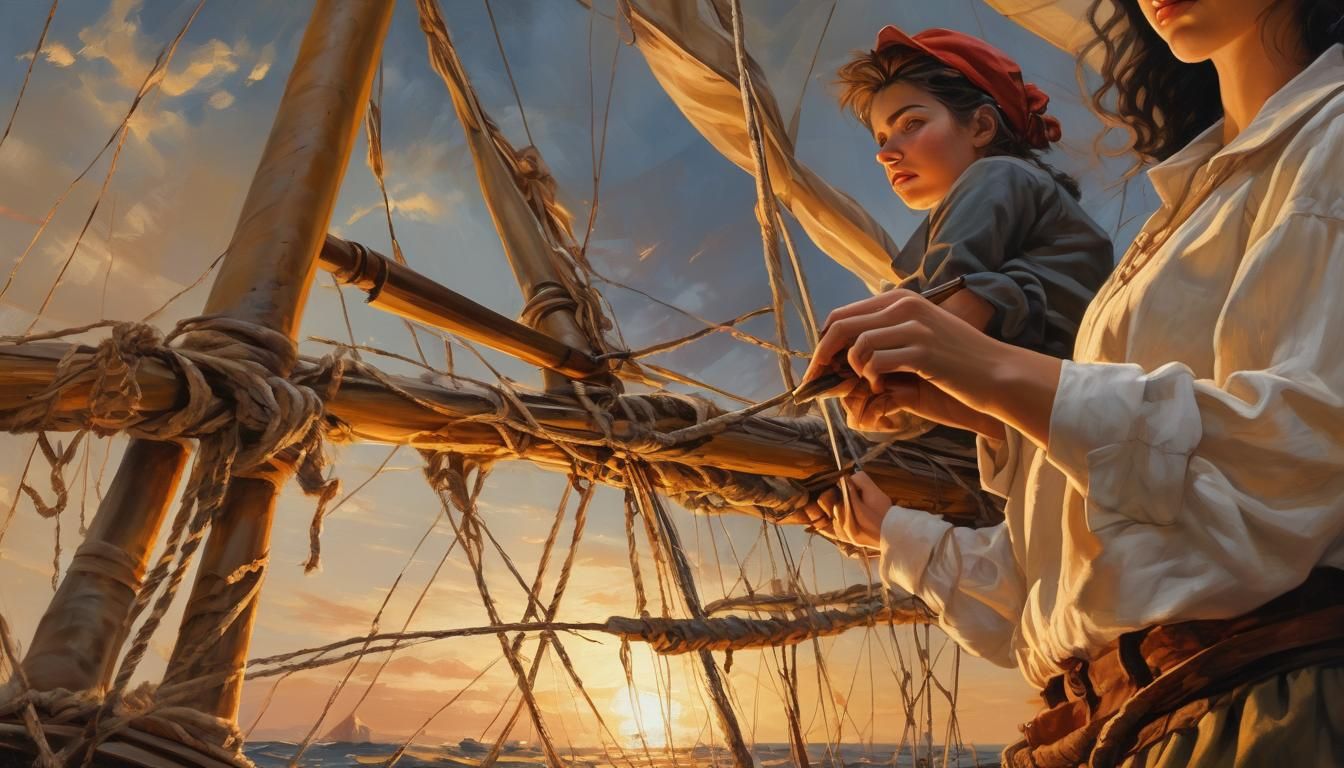 Sailor Repairs Sail at Sunset: Oil Painting