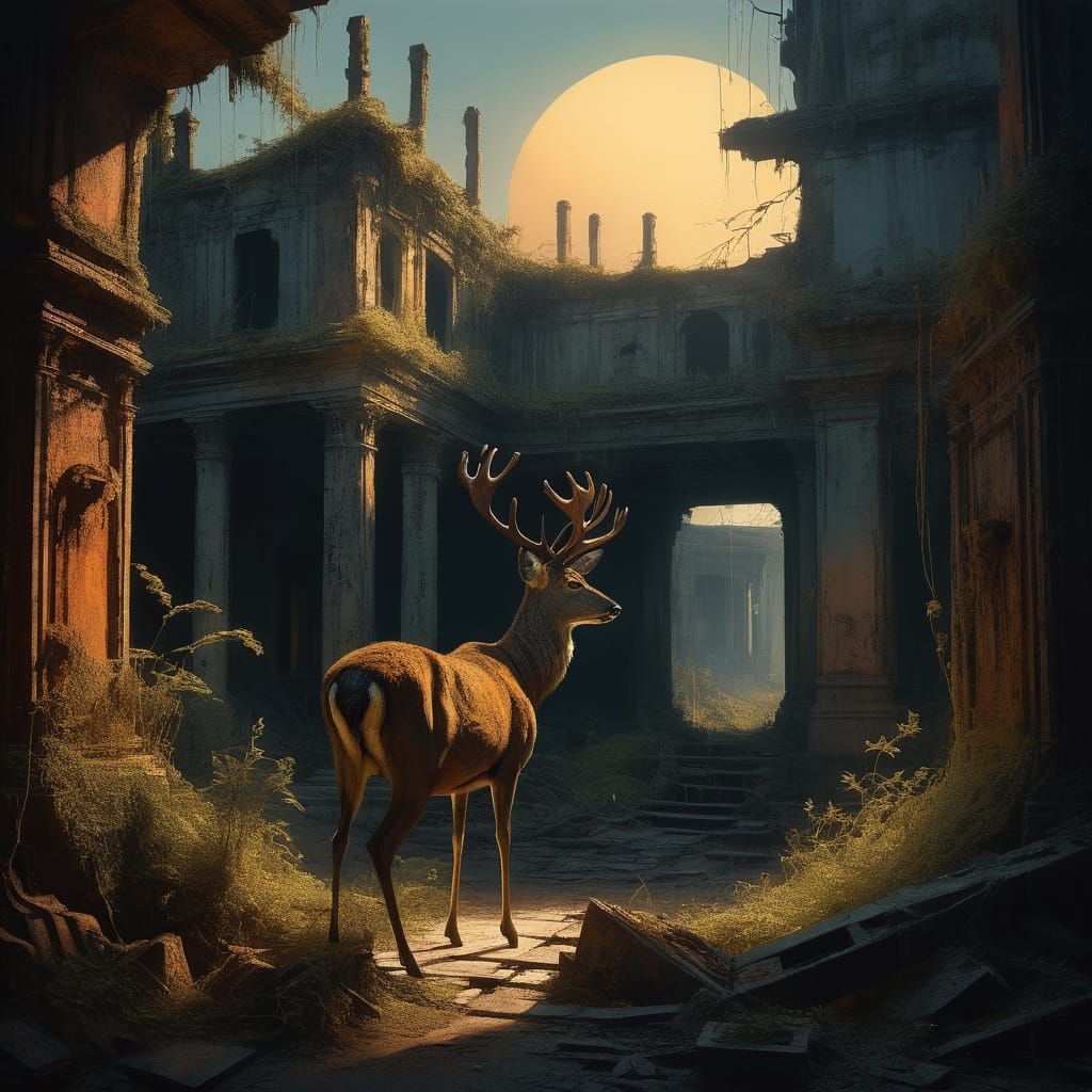 Rusted Automaton Meets Deer in Surreal Ruined City