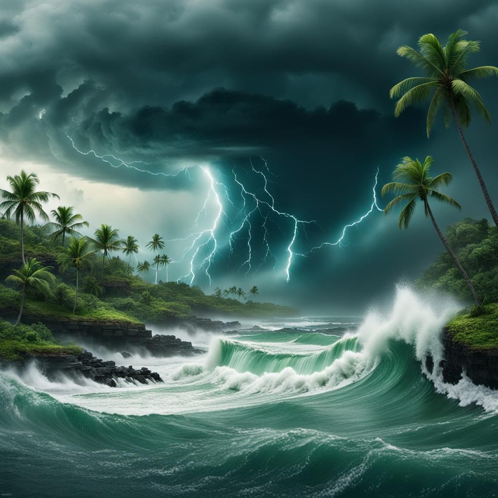 Tropical Hurricane Engulfs Islands: Digital Matte Painting