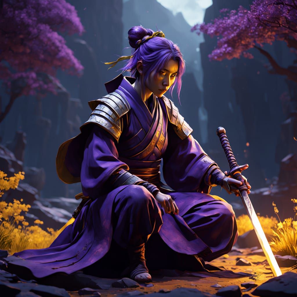 Medieval Samurai Warrior Woman in Dark Fantasy Landscape