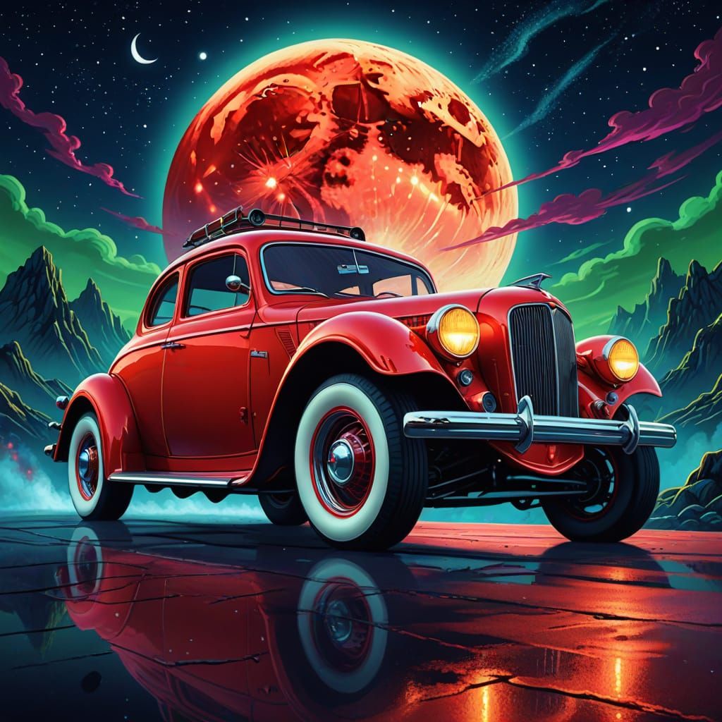 Retro Hot Rod Under Aurora Borealis and Blood Moon