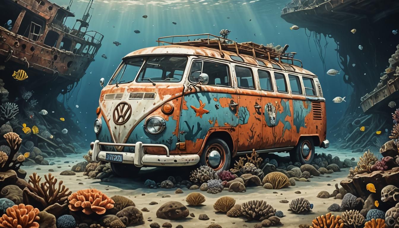 Underwater VW Kombi Corujinha Wreck in Oil Paint Style