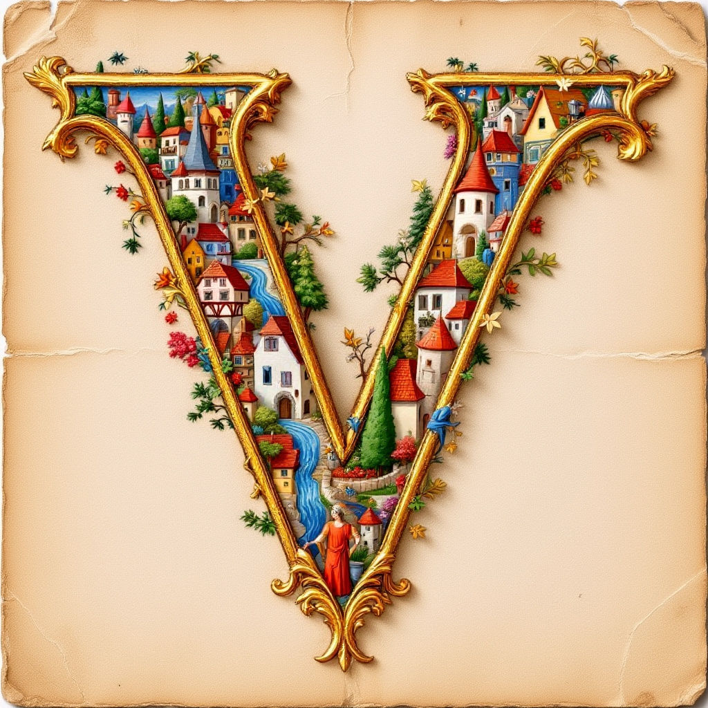 Letter "V" beginning the word "village" and featuring a little village