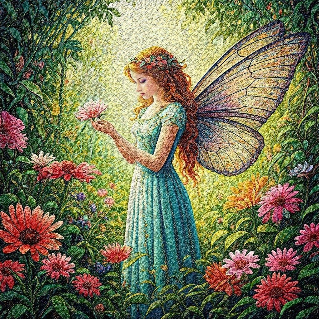 Ethereal Fairy in Detailed Pointillism Painting