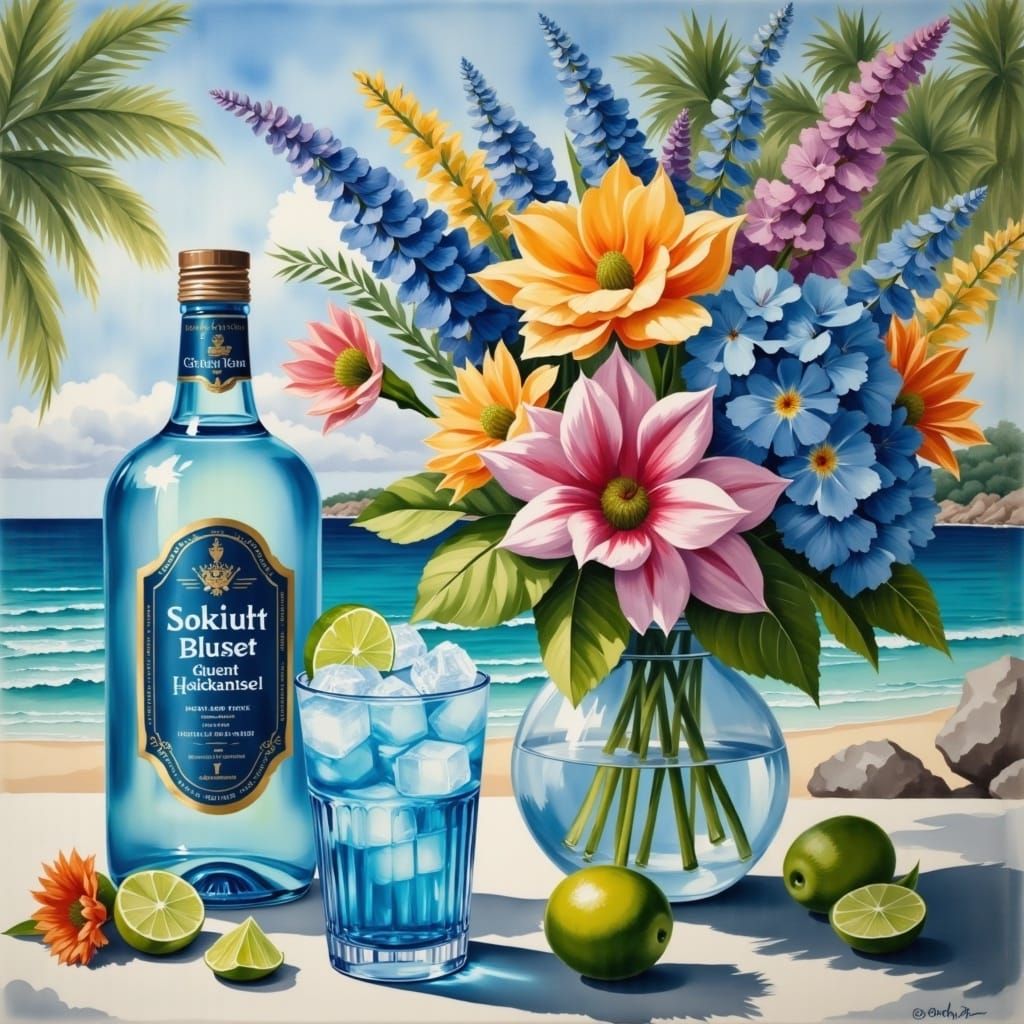 Tropical Alcohol Display as Gouache Painting