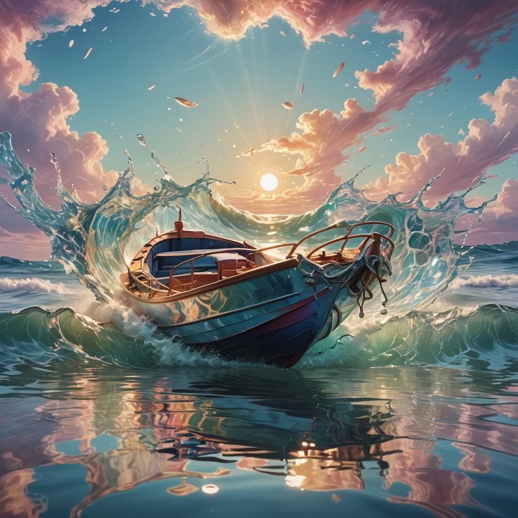 Mirror Boat in Air: Hyperrealistic Splash Art