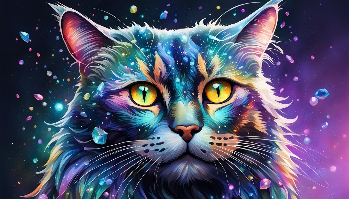 Iridescent Galactic Cat: Hyperrealistic Splash Art