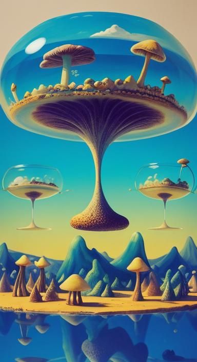 Surreal Ink Drawing: Fairy, Desert, Teacups, and Boats