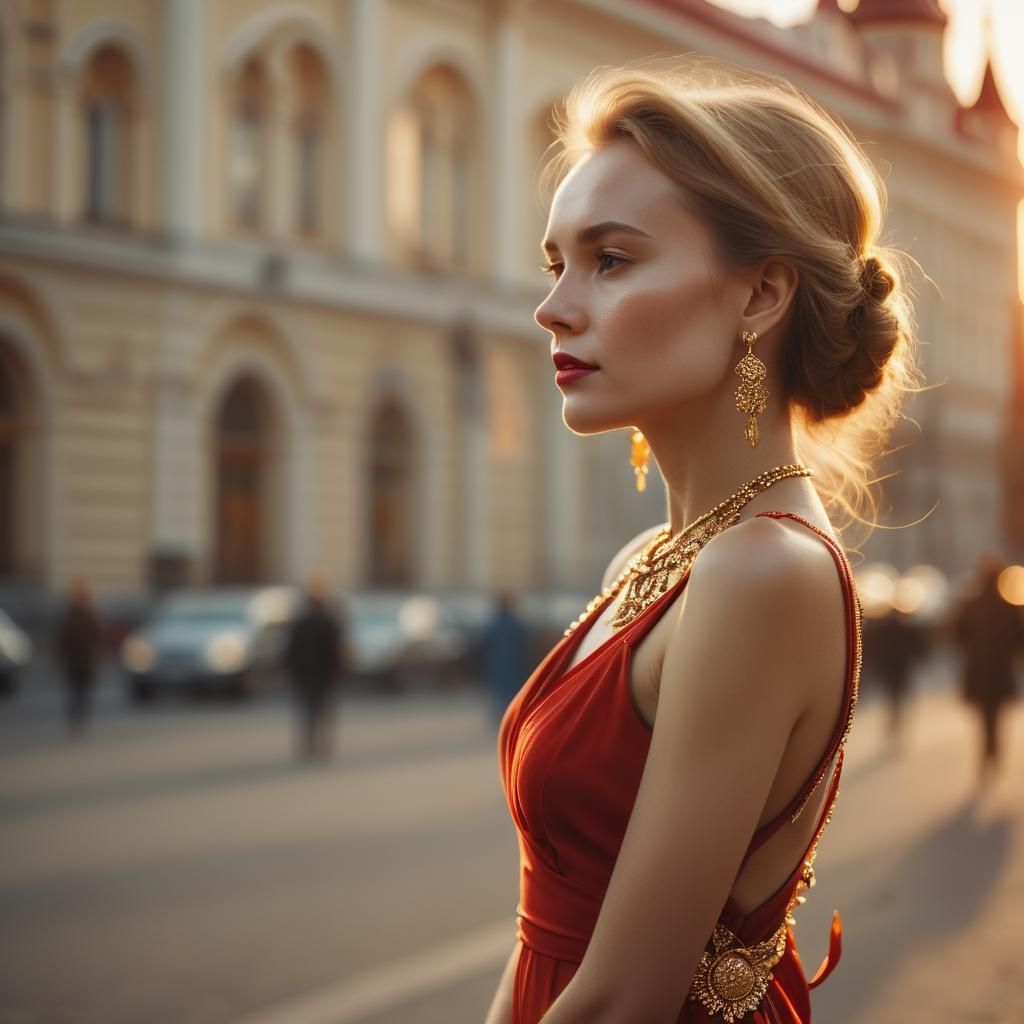 Moscow Woman in Red Dress at Sunset