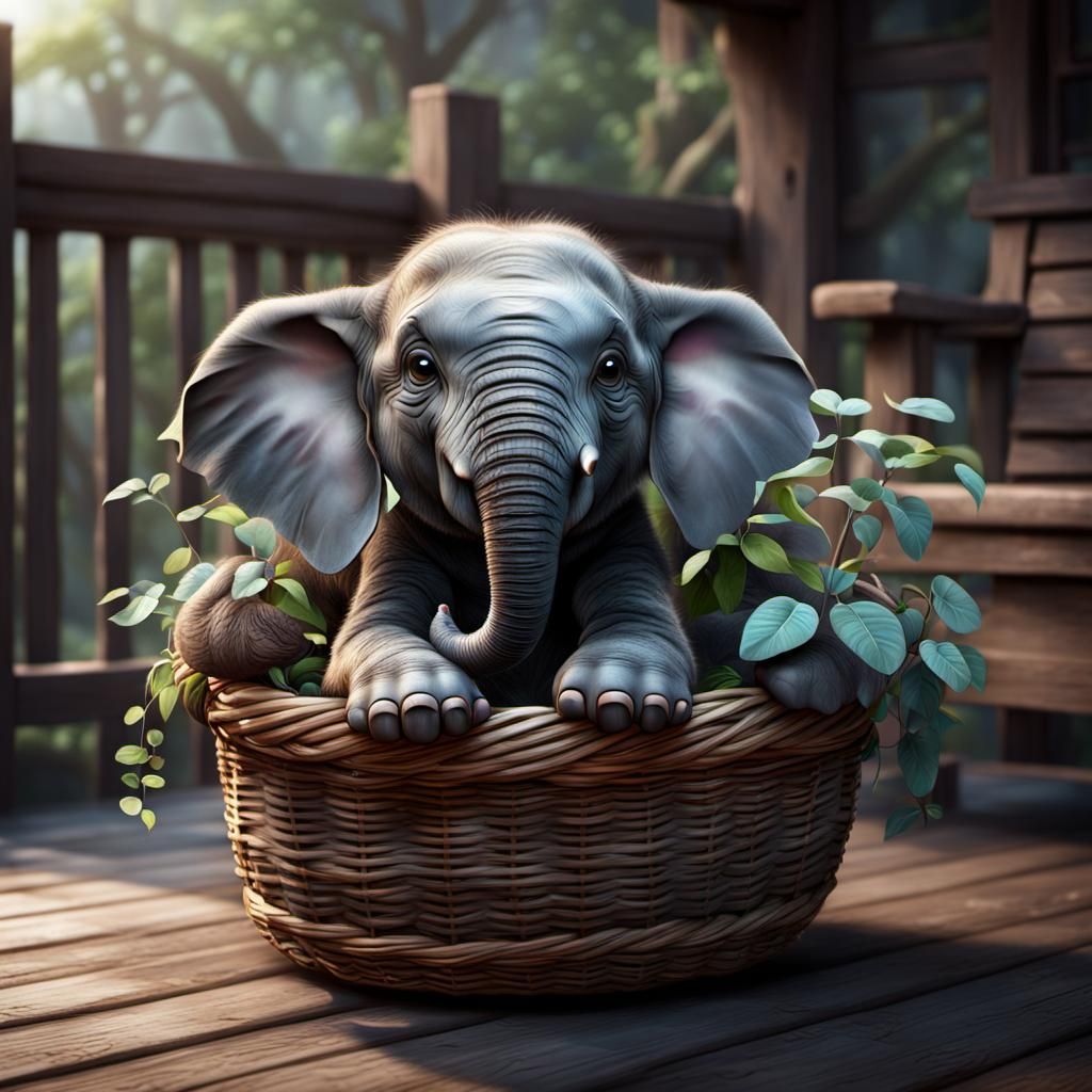 Kawaii Baby Elephant in Basket, Hyperreal Art