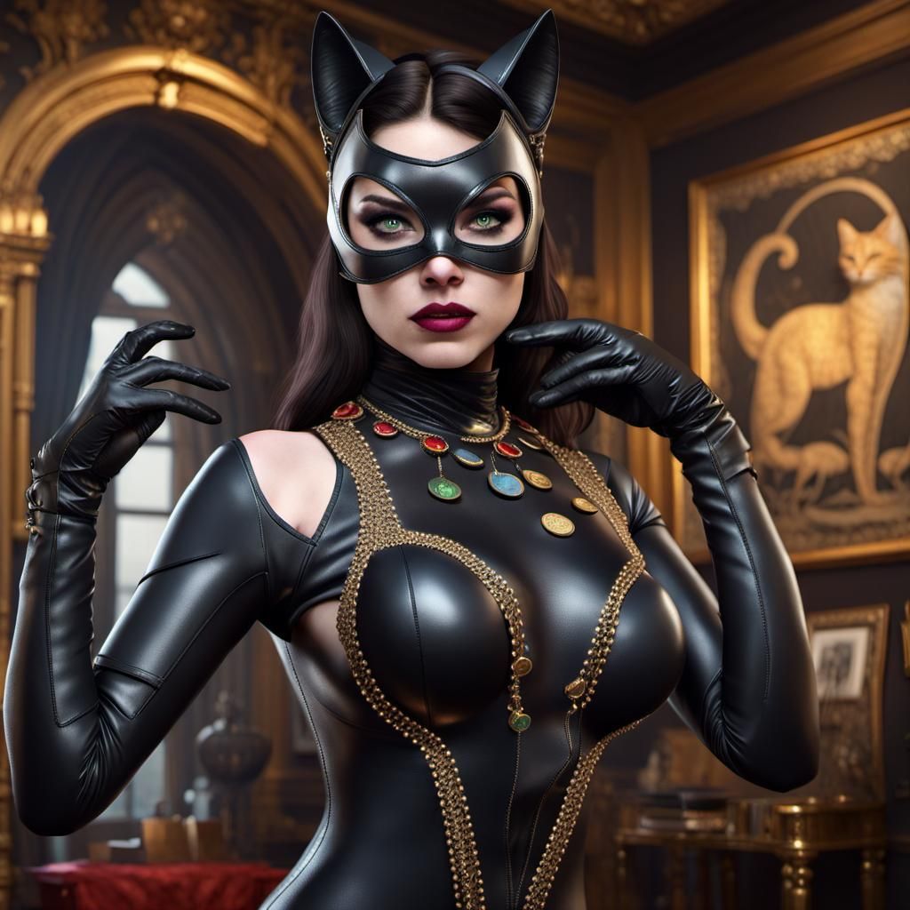 Goth Catwoman in Treasure Room, Detailed Portrait