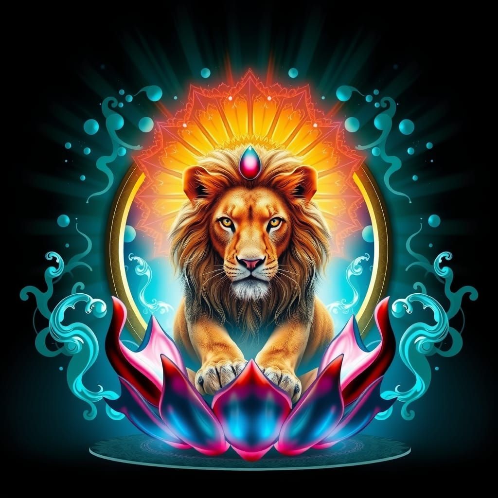 Lion on Lotus Portal in Polychrome Kirlian Style