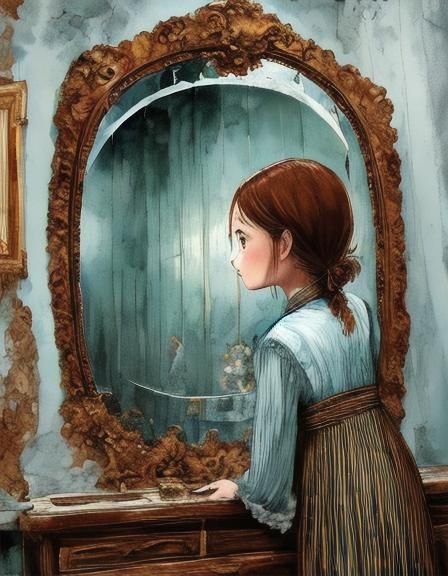 Girl, Mirror, Old Lady: Blue Pencil Sketch