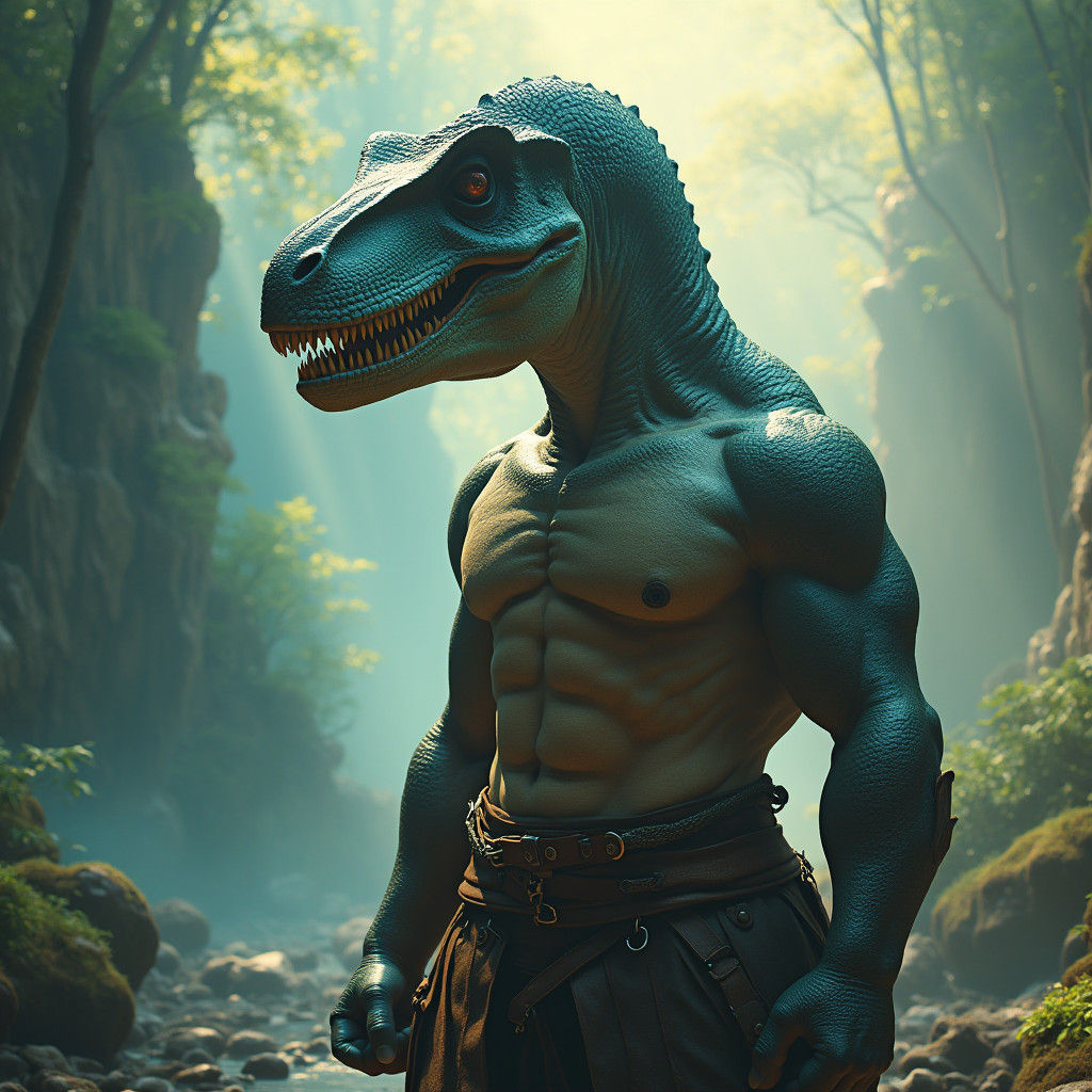 Heroic T-Rex on Human Body in Mystical Landscape