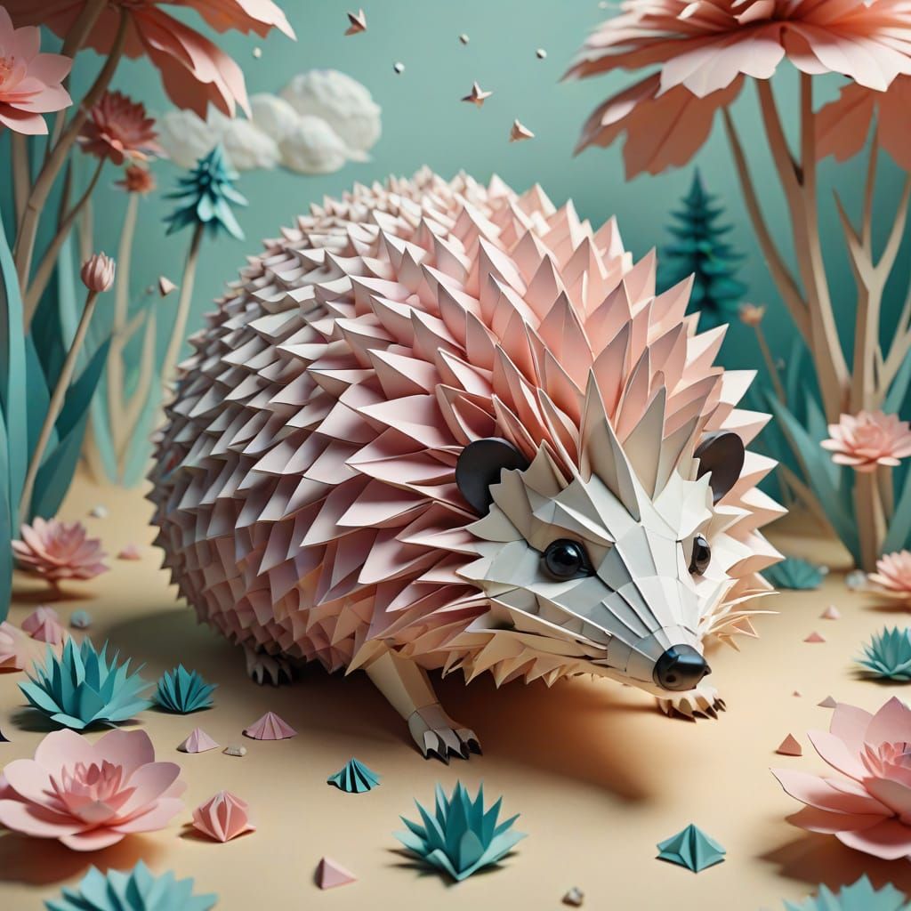 Paper Hedgehog in Surreal Origami World