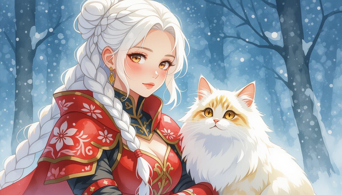 Watercolor Portrait of Woman and Cat in Red Armor