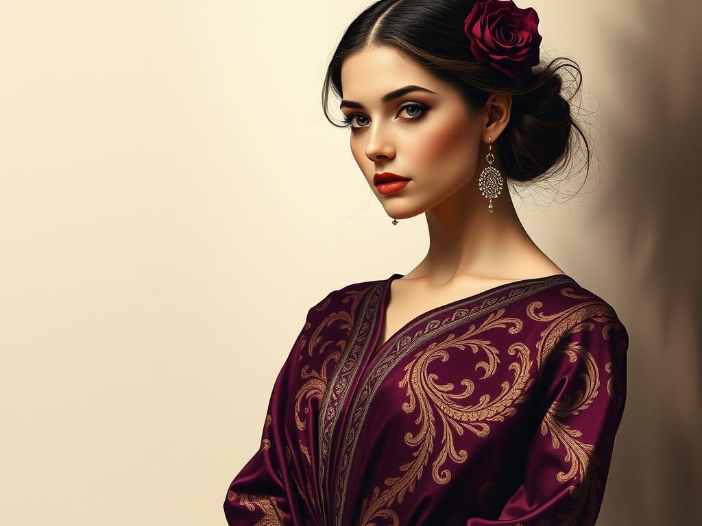 Elegant Woman in Jewel-Toned Silk Gown, Charcoal Drawing Sty...