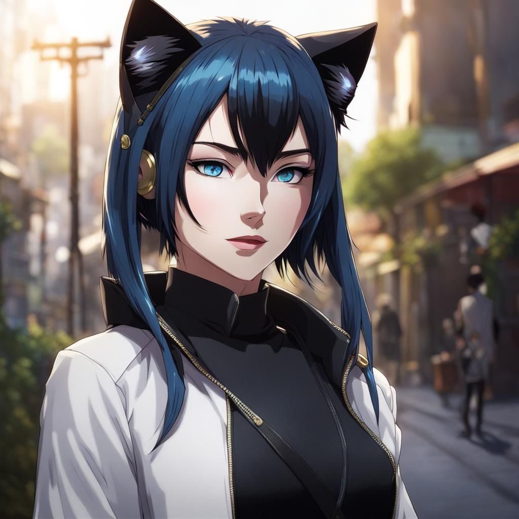 Anime Cat-Woman with Blue Eyes and Feline Features