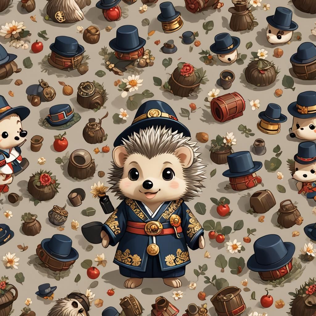 Chibi Hedgehog in Korean Clothes with Binoculars