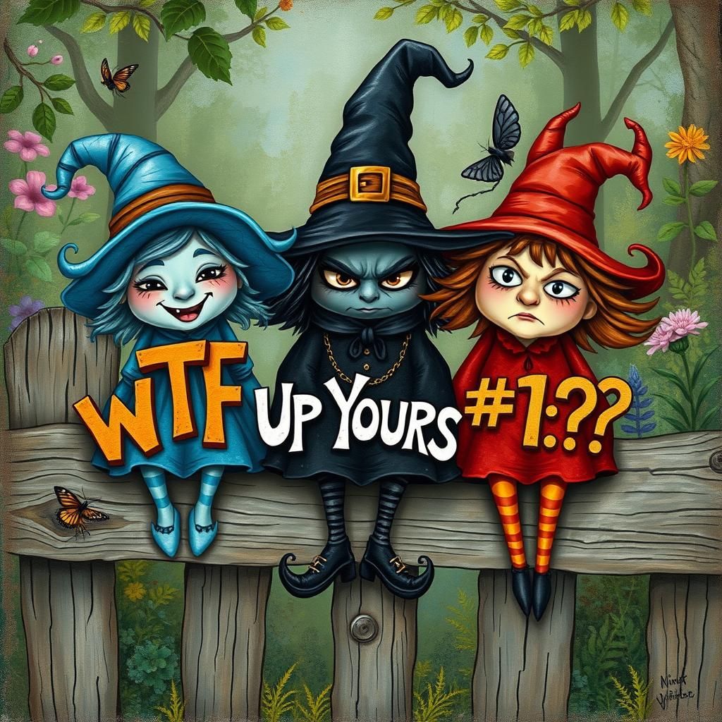 Three distressed witches sitting on a wooden fence in a whim...