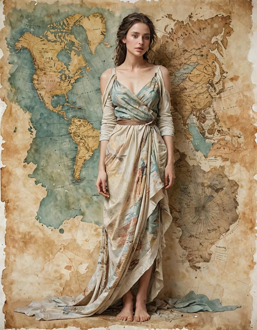 Ethereal Watercolor Portrait with Mystical Map