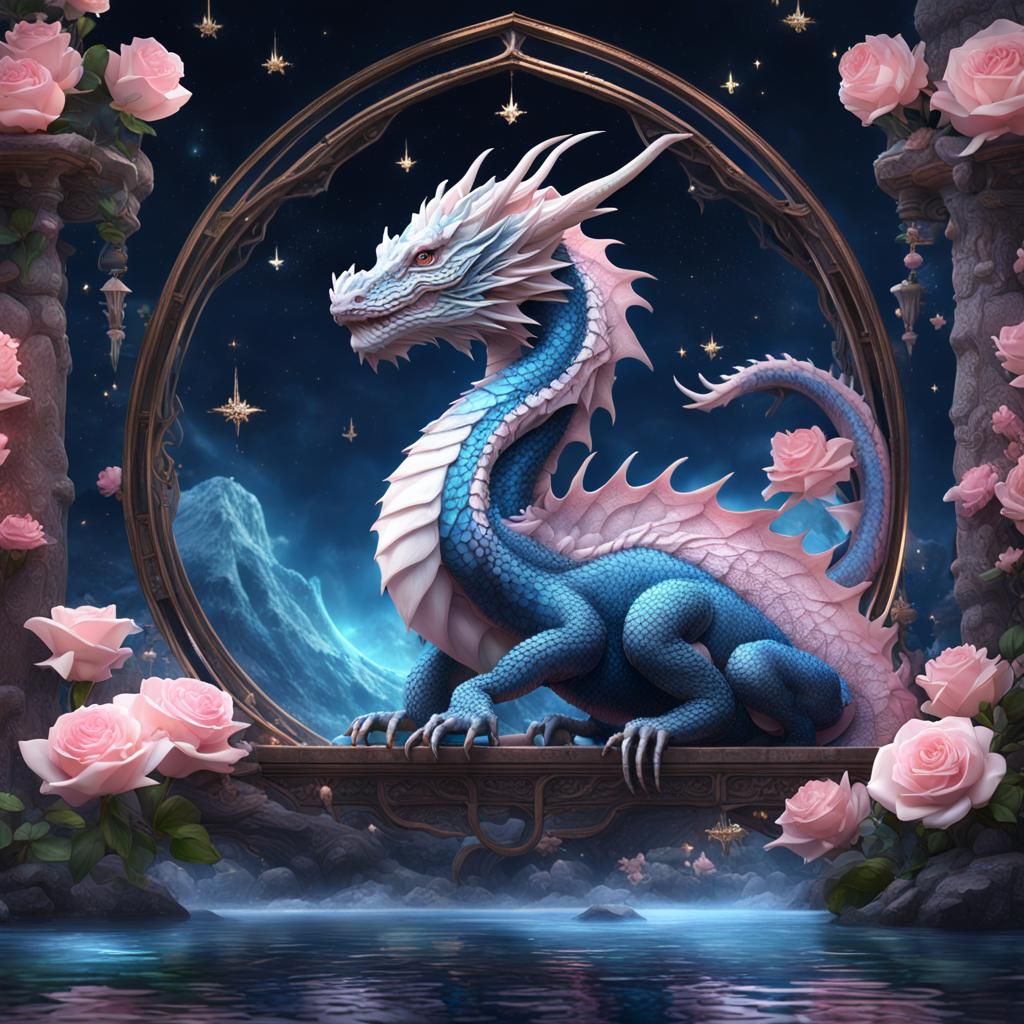 Elegant Pink and Blue Water Dragon in Stained Glass