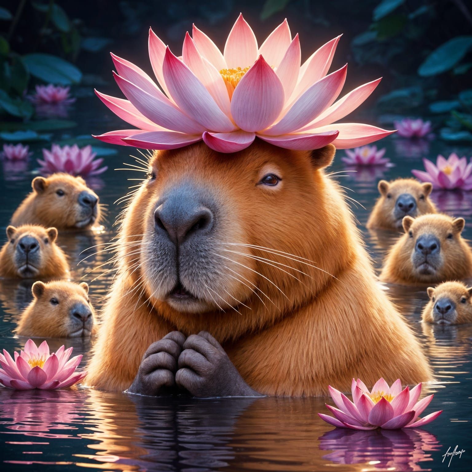 Capybara Contemplates Majestic Lotus in Serene Pool