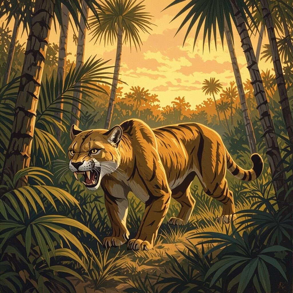 Smilodon in Prehistoric Forest, Illustrated