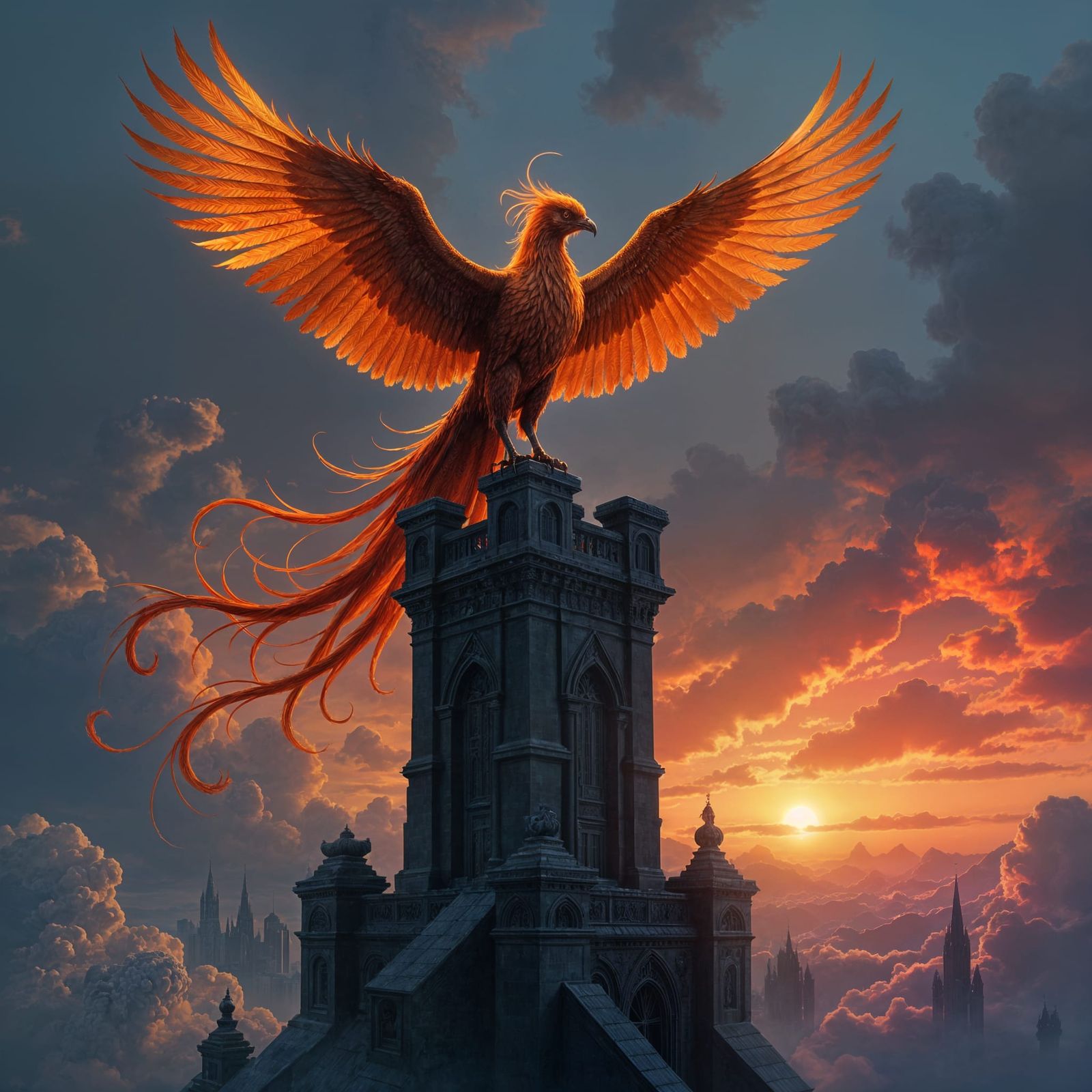 Majestic Phoenix at Sunset atop Obsidian Tower