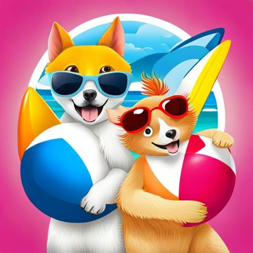 Anthropomorphic Animals' Beach Day in Pop Art Style